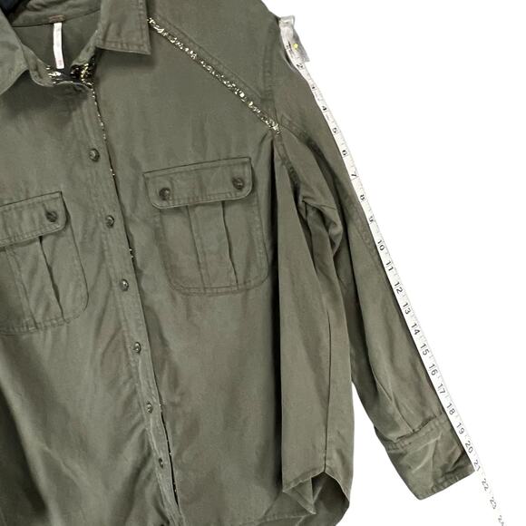 Free People Off Campus Shirt Womens XS Moss Green Tencel Metallic Boho Utility - Picture 11 of 16